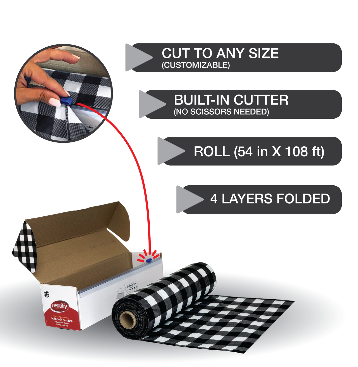 Black-Checkered Disposable Plastic Table Cloth Roll - 54 in x 108 Ft
