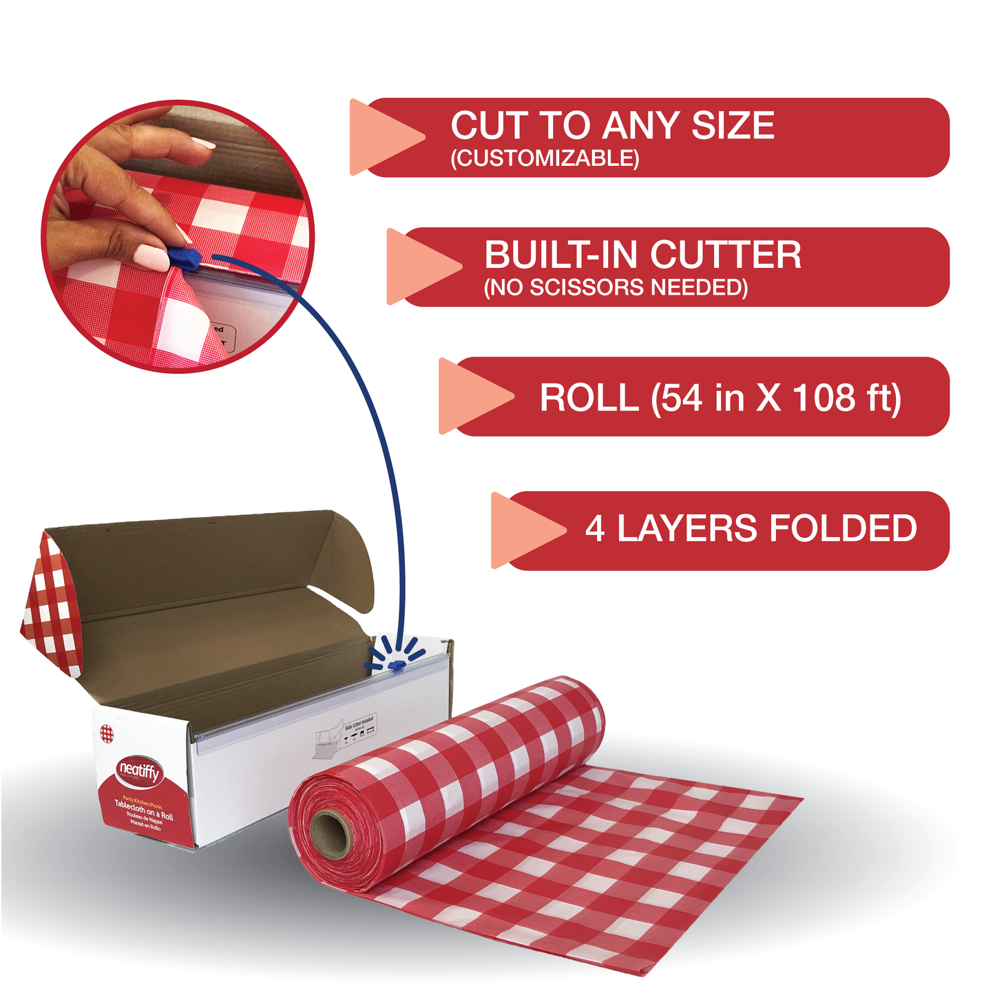 Red-Checkered Disposable Plastic Table Cloth Roll - 54 in x 108 Ft