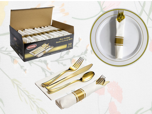 Pre-Rolled Gold Plastic Cutlery Set With Napkin