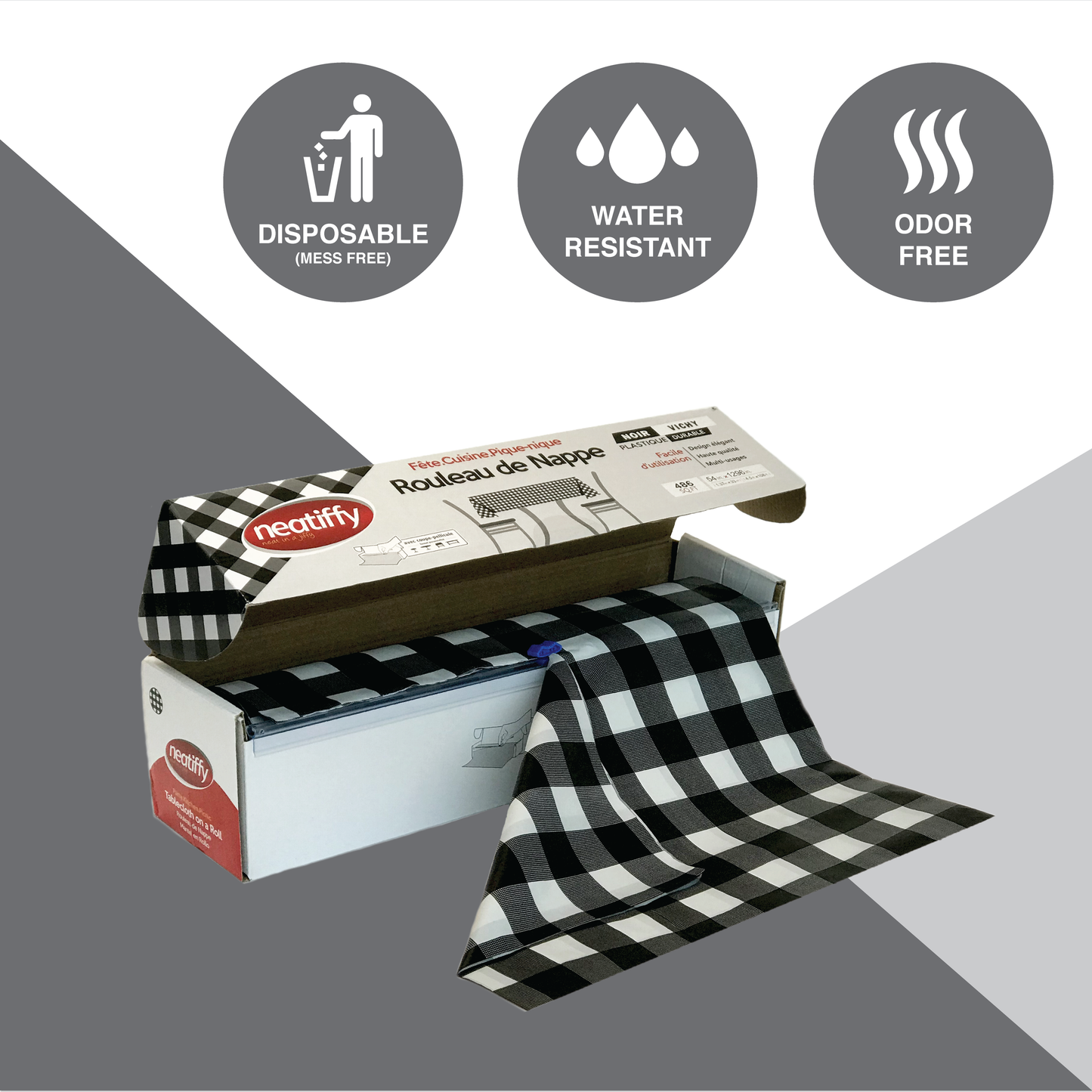 Black-Checkered Disposable Plastic Table Cloth Roll - 54 in x 108 Ft