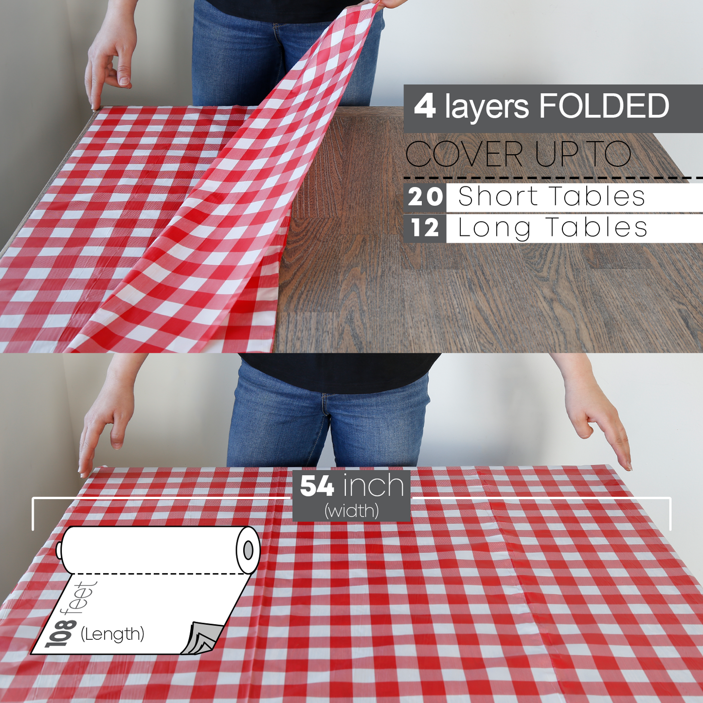 Red-Checkered Disposable Plastic Table Cloth Roll - 54 in x 108 Ft