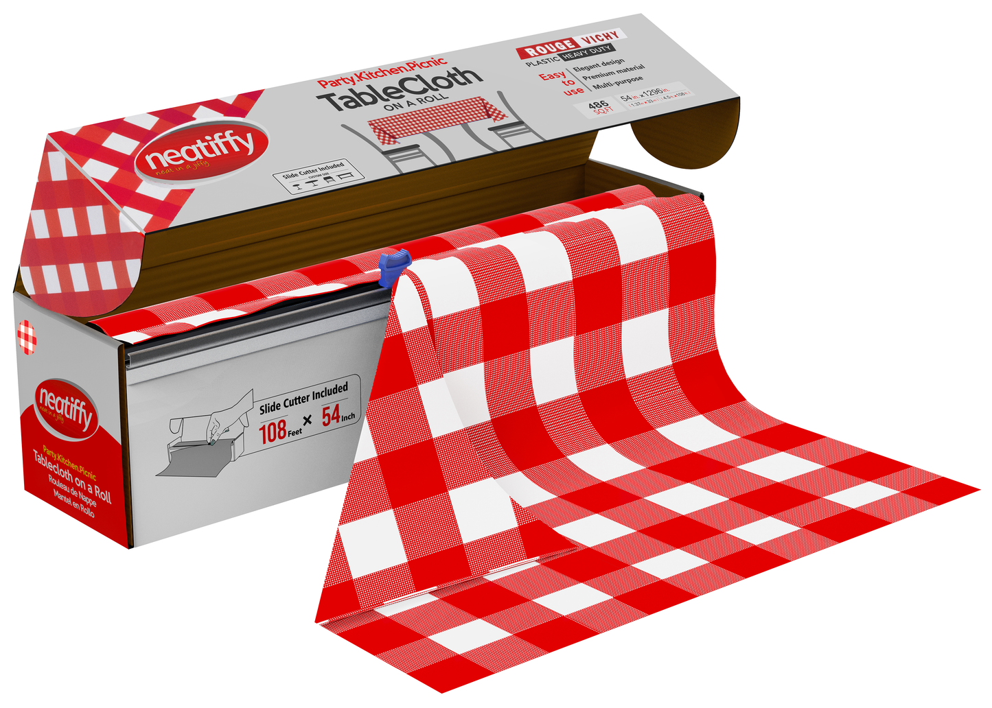 Red-Checkered Disposable Plastic Table Cloth Roll - 54 in x 108 Ft
