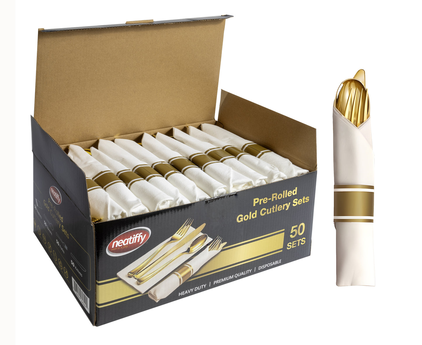 Pre-Rolled Gold Plastic Cutlery Set With Napkin