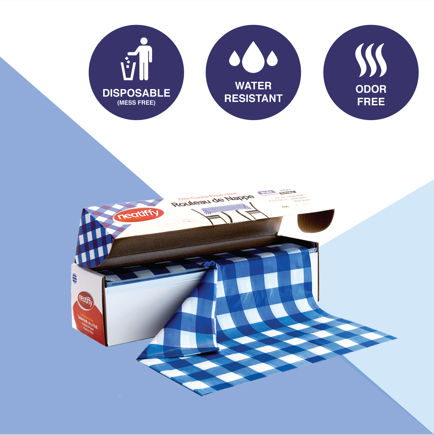 Blue-Checkered Disposable Plastic Table Cloth Roll - 54 in x 108 Ft