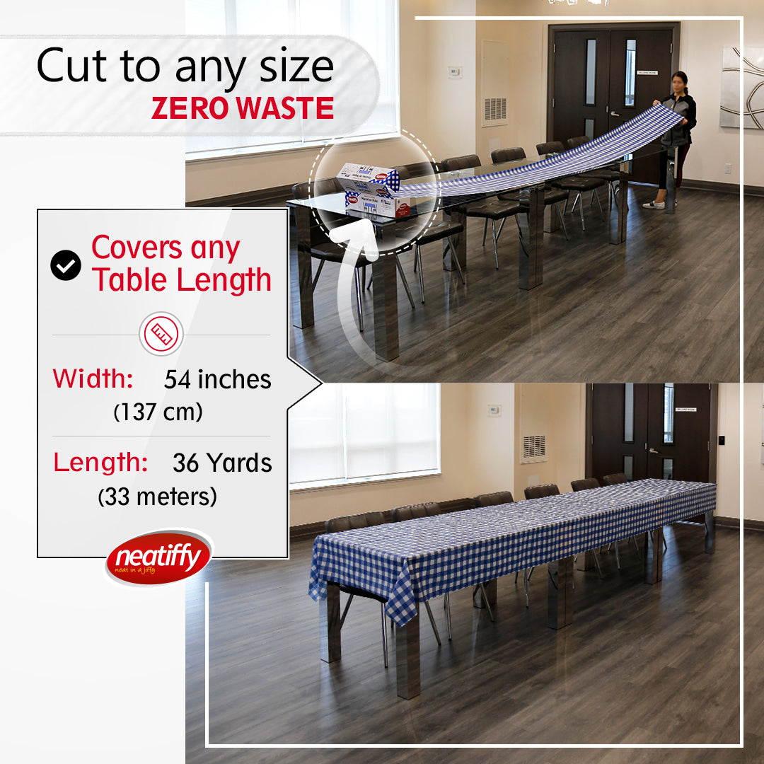 Blue-Checkered Disposable Plastic Table Cloth Roll - 54 in x 108 Ft