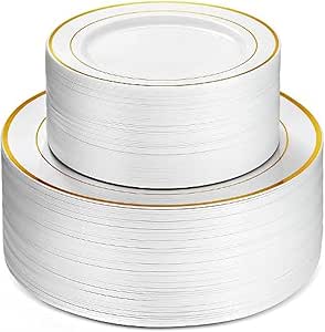 100 Pcs Gold Rim Plastic Dinnerware Set