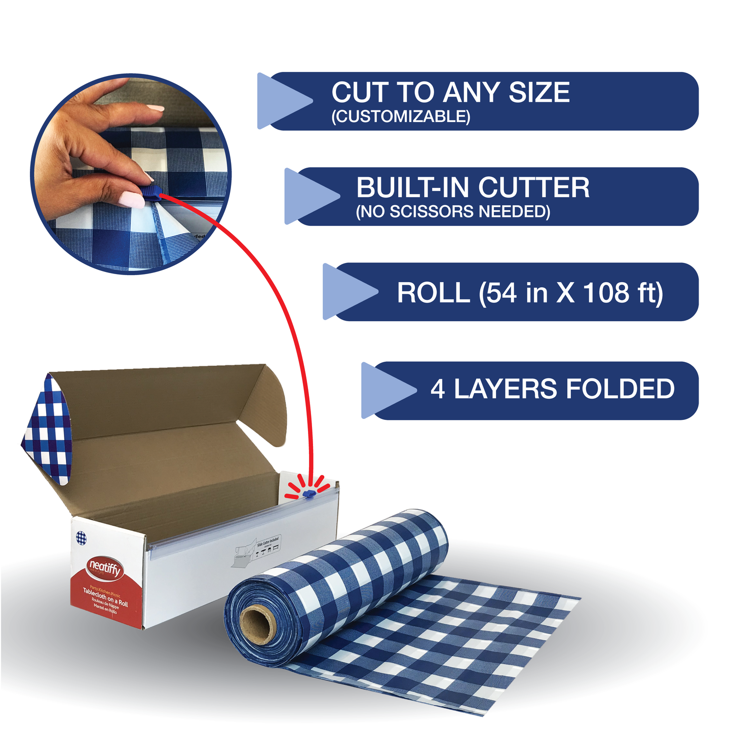 Blue-Checkered Disposable Plastic Table Cloth Roll - 54 in x 108 Ft