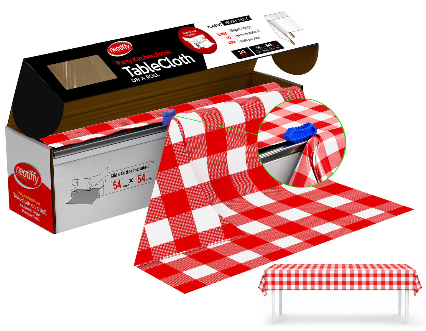 Red-Checkered Disposable Plastic Table Cloth Roll - 54 in x 54 Ft