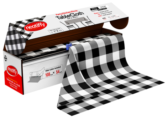 Black-Checkered Disposable Plastic Table Cloth Roll - 54 in x 108 Ft