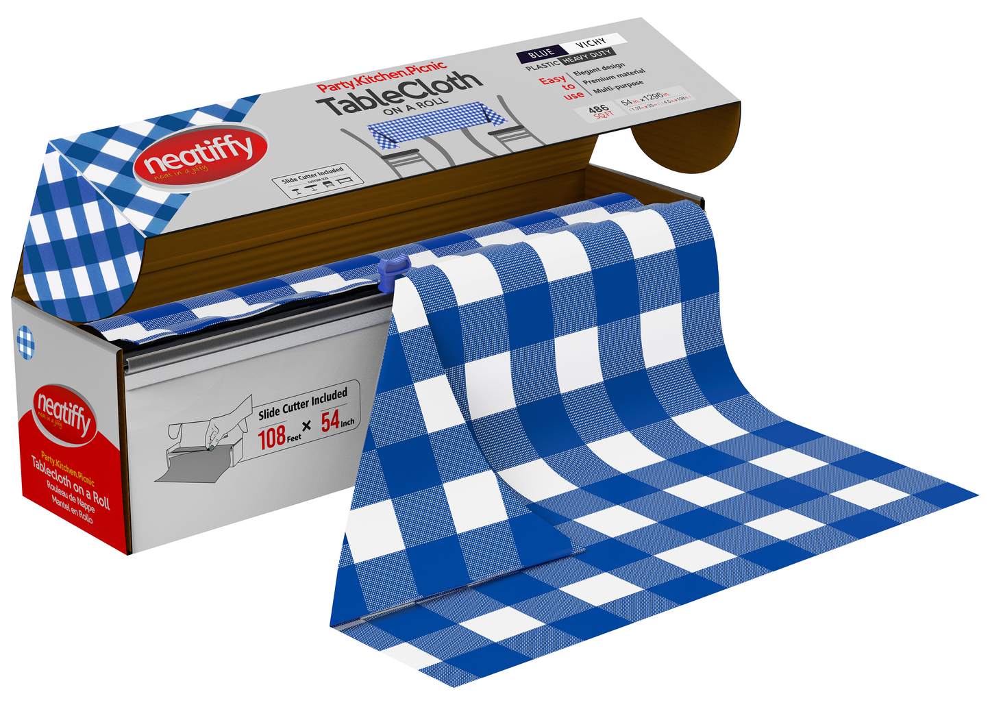 Blue-Checkered Disposable Plastic Table Cloth Roll - 54 in x 108 Ft