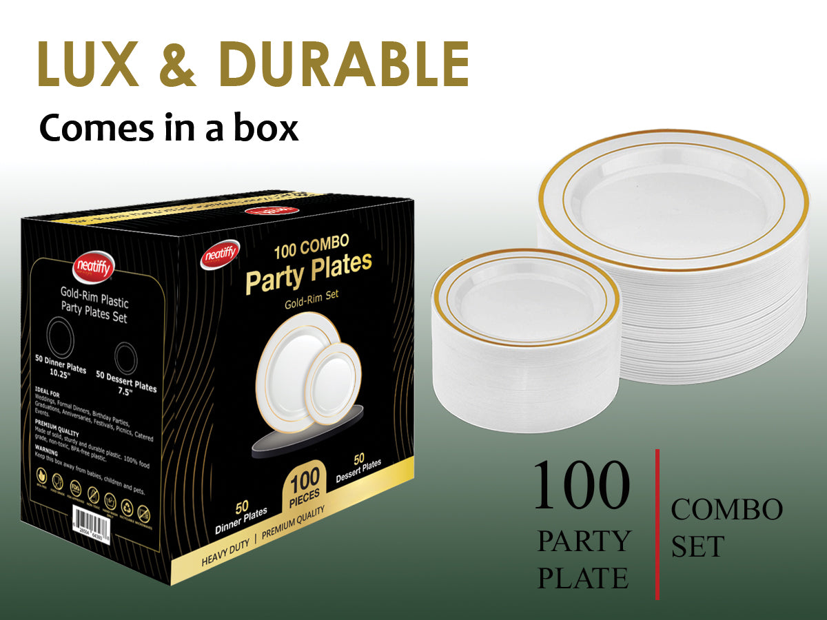 100 Pcs Gold Rim Plastic Dinnerware Set