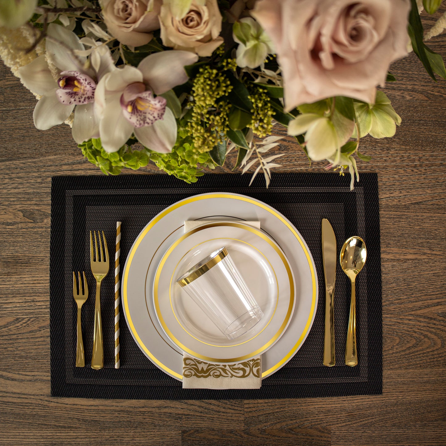 100 Pcs Gold Rim Plastic Dinnerware Set
